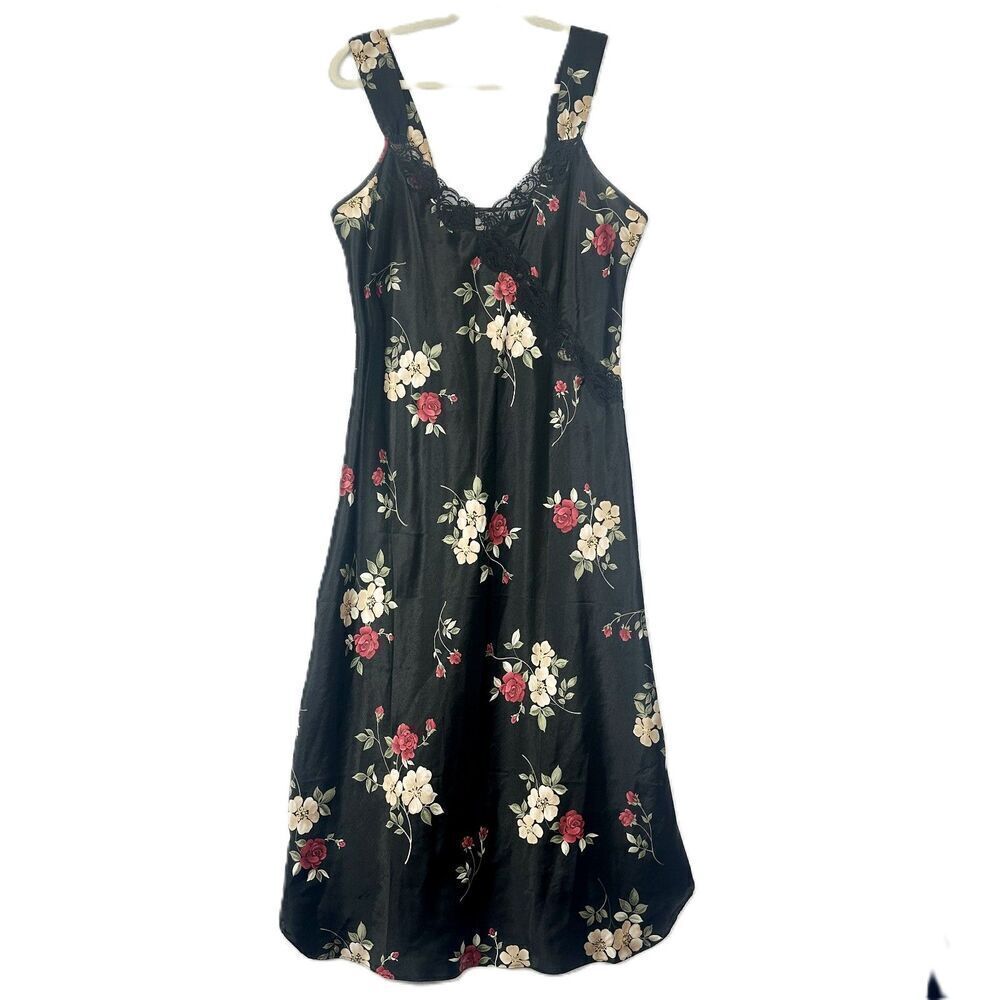 Vintage Adonna Floral Satin Midi Slip Dress Size Medium Lace Whimsigoth